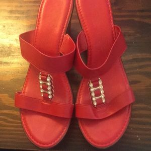 Italian Red Wedge heel shoe, Rhinestone Embellishment Fits like size 10